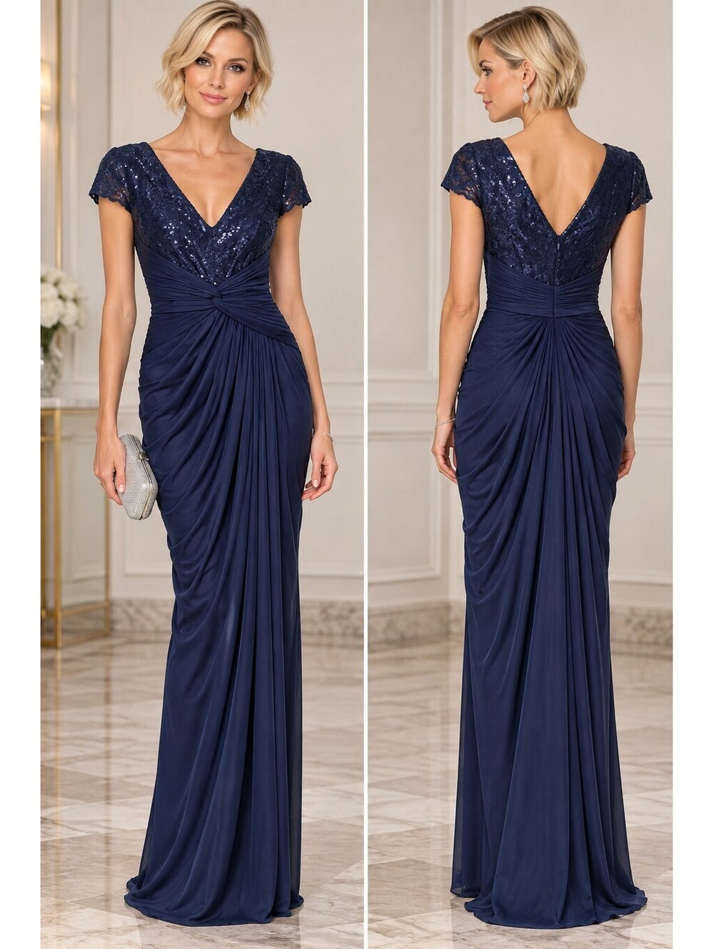 Adrianna Papell Navy Lace Sequin Cap Sleeve Ruched Formal Evening Gown * 6